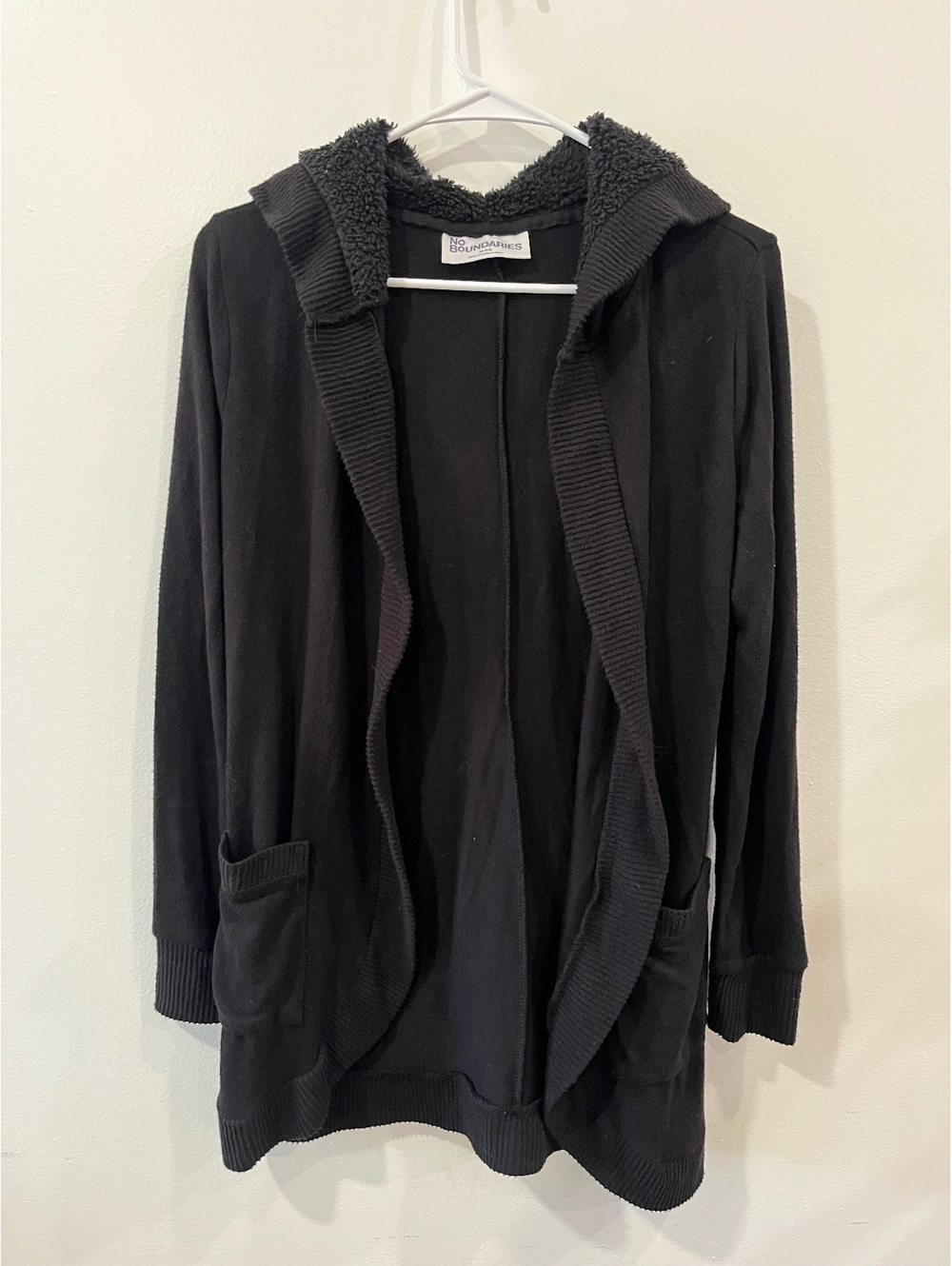 No Boundaries black hooded open-front cardigan